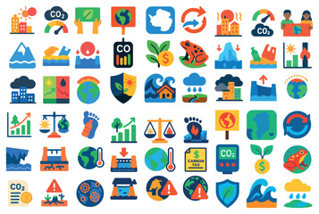 Poster - Collection of icons for environmental issues. Some of the icons include a frog, a house, a tree, a house with a roof, a house with a chimney, a house with a window, a house with a door