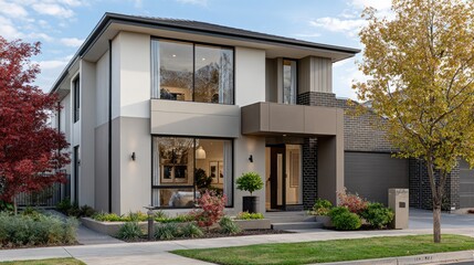 Poster - A sleek, modern house features a terracotta entrance, car parking, and a minimalist design surrounded by nature during the day