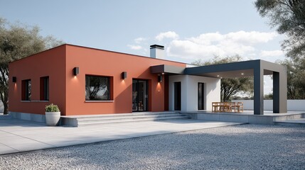 Poster - A sleek, modern house features a terracotta entrance, car parking, and a minimalist design surrounded by nature during the day