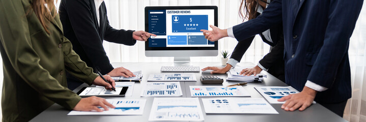 Poster - Panorama shot analyst team utilizing BI Fintech to analyze financial report with laptop. Businesspeople analyzing BI data dashboard displayed on laptop screen for business insight. Prodigy