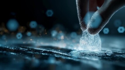Poster - Hand interacting with a glowing blue low poly wireframe mesh, generating digital data from connected dots and lines, with blurred bokeh particles in the background