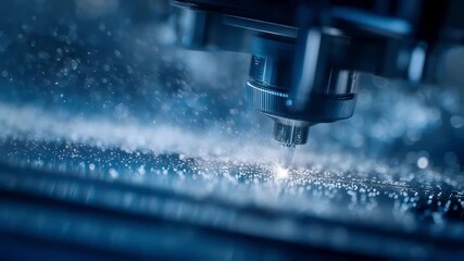 Poster - High precision industrial laser engraving machine cutting metal surface, creating sparks and demonstrating advanced manufacturing technology