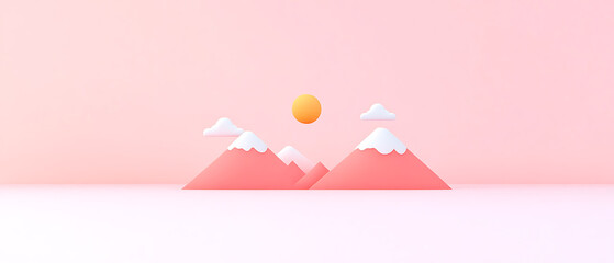 Poster - Pastel mountain scene with a gentle sun and fluffy clouds, evokes a sense of peace and simplicity, ideal for backgrounds or playful designs.