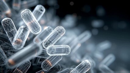 Poster - Numerous glowing wireframe capsules are floating and rotating on a dark background, representing future medicine and pharmaceutical innovation