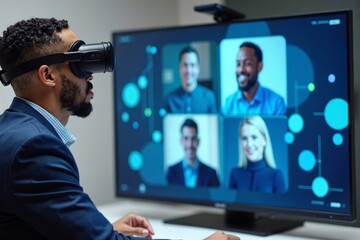 Poster - Businessman Engaging in Virtual Reality Video Conference on Holographic Display with Team.