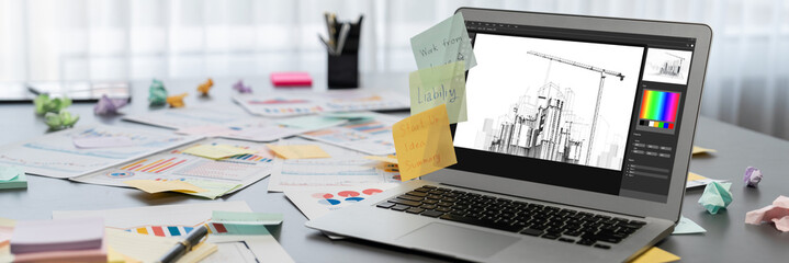 Poster - Sticky note for creative and analytic brainstorm for business idea with BI data dashboard on laptop screen. Analysis financial data visualization tech for marketing strategy. Prodigy