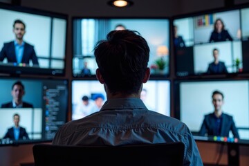 Poster - Image of a Person Surrounded by Screens Showing Multiple Video Conferencing Webinar Meetings