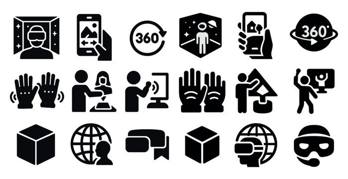 Collection of icons for virtual reality, including a person wearing a VR headset, a box, a globe, and a person holding a cell phone