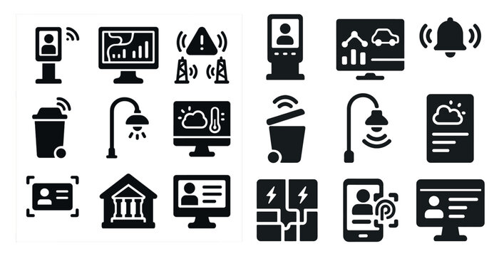 Set of icons for a computer system. The icons include a trash can, a computer monitor, a keyboard, a mouse, a cell phone, a laptop, a person, a building, a bank, a car, a clock