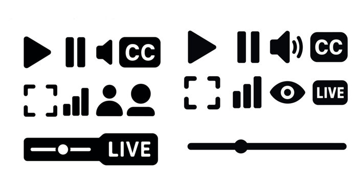 Set of icons for a video editing software. The icons include a video player, a video record button, a video pause button, a video play button, a video stop button, a video mute button