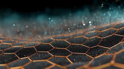 Poster - Microscopic view of an innovative hexagonal mesh structure with floating particles, representing advanced material science, nanotechnology, or futuristic concepts