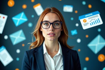 Poster - Tax Professional Immersed in a Vibrant Digital Ocean of E-Invoices, Displaying Focus and Determination