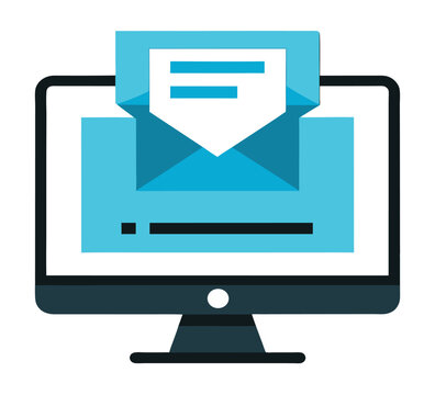 Email message icon on computer monitor with technology and communication symbols