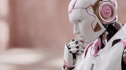Poster - A white humanoid robot ponders thoughtfully, showcasing intricate details and a futuristic design with a pastel pink backdrop