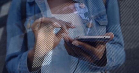 Poster - Woman tapping smartphone screen, generating rotating globe visualizing technology network