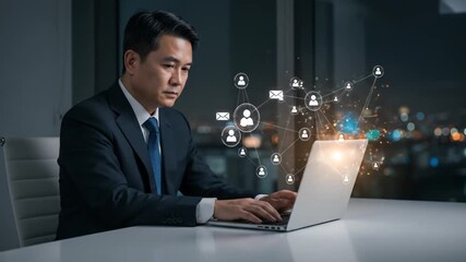 A suited Asian man works on a laptop in a modern office. A network graphic floats above, set against a city skyline