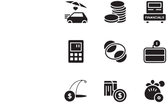 A versatile set of black finance and business vector icons illustrating symbols for money, banking, web, computer, and internet media