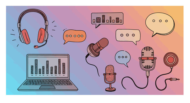 Digital illustration showing podcasting equipment: headphones, laptop displaying audio levels, various microphones, and speech bubbles against a gradient background.