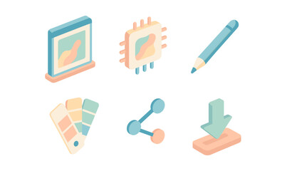 Poster - Isometric tech icons set: display, chip, pencil, palette, share, download in soft pastel tones