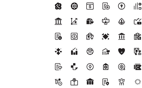 Black and white vector icon set for web, business, and media design, featuring computer, phone, calendar, car, and shopping symbols