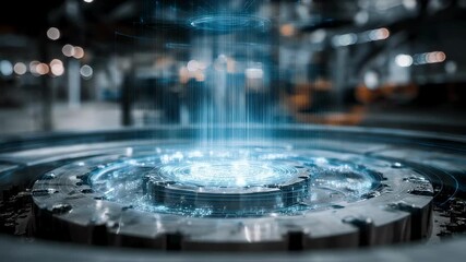 Poster - Circular industrial platform radiating holographic light beams, showcasing innovative technology and futuristic manufacturing processes in a modern factory environment
