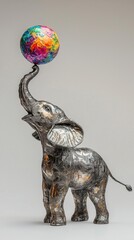 Poster - Elephant sculpture balancing a colorful ball. AI.