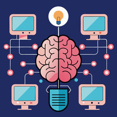 Poster - Digital brain network connecting computers and ideas with a lightbulb symbolizing innovation