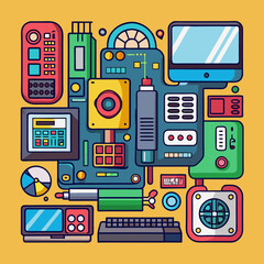 Poster - Abstract retro computer components and electronic devices arranged in a collage