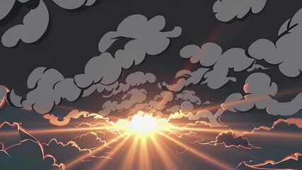 Wall Mural - Animated 4K fantasy style sunrise piercing through dark storm clouds casting golden beams perfect dramatic intros inspirational Animated 4K fantasy style sunrise piercing through dark storm clouds