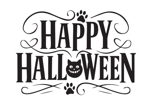 happy halloween greeting with cat face and paw prints in stylish font perfect for festive seasonal prints and digital design assets