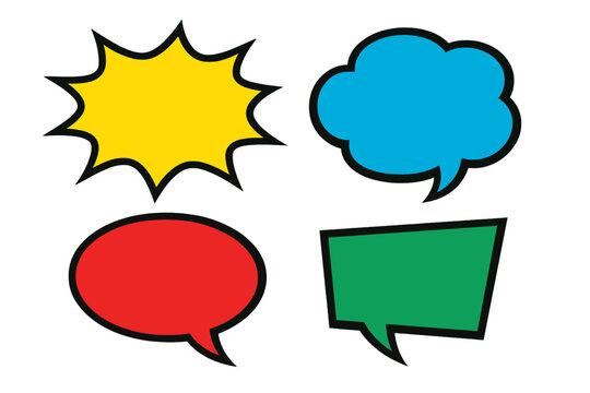 Colorful speech bubble set. Pop art comic style dialogue and thought balloons. Vector illustration for cartoon design. Message box, talk burst, and communication symbols.