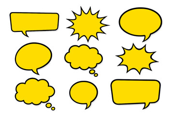 Fototapete - Yellow comic speech bubbles, thought bubbles, and explosion shapes. Blank dialogue box set for pop art and graphic design. Editable cartoon vector illustration elements.