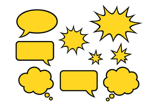 Yellow comic speech bubbles, thought bubbles, and explosion shapes. Blank dialogue box set for pop art design. Editable cartoon vector elements for communication concepts.