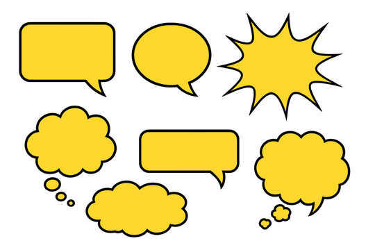 Set of yellow comic speech bubbles, thought bubbles, and explosion shapes. Blank dialogue boxes for pop art, comics, and graphic design. Editable cartoon vector elements.