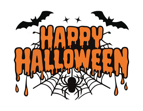 happy halloween dripping text with bats spider and web on white background spooky festive design ideal for seasonal cards and posters