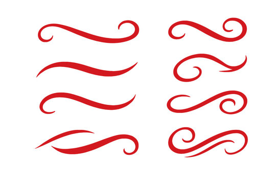 Red sports swash tails and swoosh vector graphics set. Collection of elegant curves, flourishes, and calligraphic underlines for typography, branding, invitations, and design.