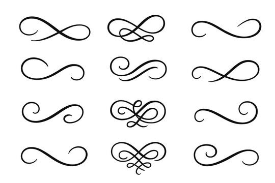Elegant calligraphy text tails and swoosh vector set. Hand drawn flourishes, vintage ornaments, decorative swirls for logo design, and typographic decoration elements.