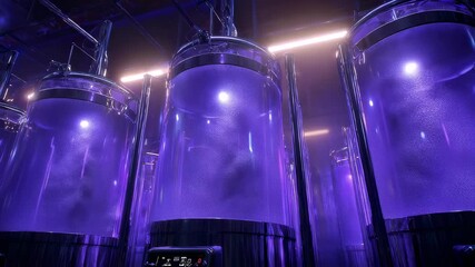 Poster - Several bioreactors are processing a bubbling purple substance, illuminated by bright lights in a modern laboratory, suggesting advanced scientific research and innovation