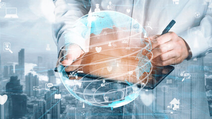 Poster - A business professional engages with a digital globe while using a tablet, showcasing the intersection of technology and global communication in a modern urban environment. Xenic