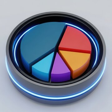 Modern 3d rendered pie chart with glowing blue neon light ring on a light background