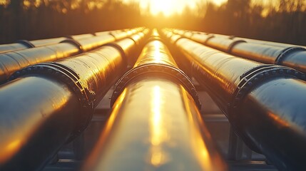 Pipeline array bathed in golden sunlight.