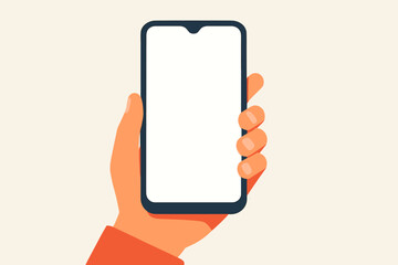 Fototapete - Hand holding smartphone with white empty screen. Mobile phone mockup template. Vector flat cartoon illustration for app or website display. Technology communication concept.