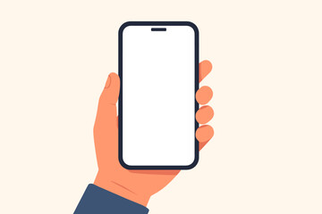 Fototapete - Hand holding smartphone with blank white screen. Flat design vector illustration. Mobile phone mockup template for app presentation, UI UX design. Cellphone display concept.
