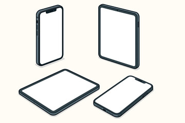 Fototapete - Isometric vector mockup collection of modern smartphones and tablets. Device set in various angles for UI, UX design showcases, app presentations, and responsive website portfolios.