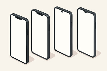 Fototapete - Set of unbranded smartphones in angled isometric perspective. Mobile phone mockup with blank white screen for app presentation. Vector device template for user interface design.