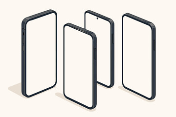 Fototapete - Mobile phone isometric mockup set. Unbranded smartphones with blank screens for presentation. Modern vector illustration for UI, UX, app design and technology advertising.