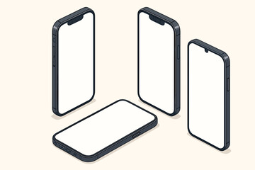 Fototapete - Mobile phone isometric mockup set. Unbranded smartphones with blank template screens for presentation. Angled perspective semi 3D vector for UI UX design showcase or portfolio.