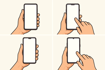 Fototapete - Hand Holding Smartphone Vector Set – Four Device Mockups with Touchscreen Gestures, Modern Mobile Phone Interaction, User Interface Concept, Clean Light Background Cartoon Illustration