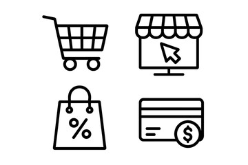 Poster - e-commerce icon set. online shopping concept. digital retail business. line art vector. shopping car