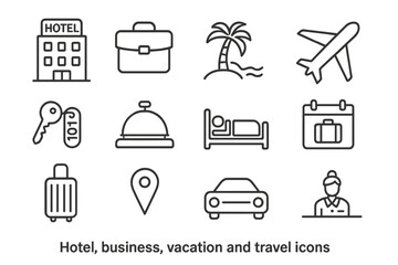 Poster - Travel and hotel service line icon set. Vacation and business trip concept symbols. Simple outline pictogram collection of airplane, car, luggage, booking, and accommodation.